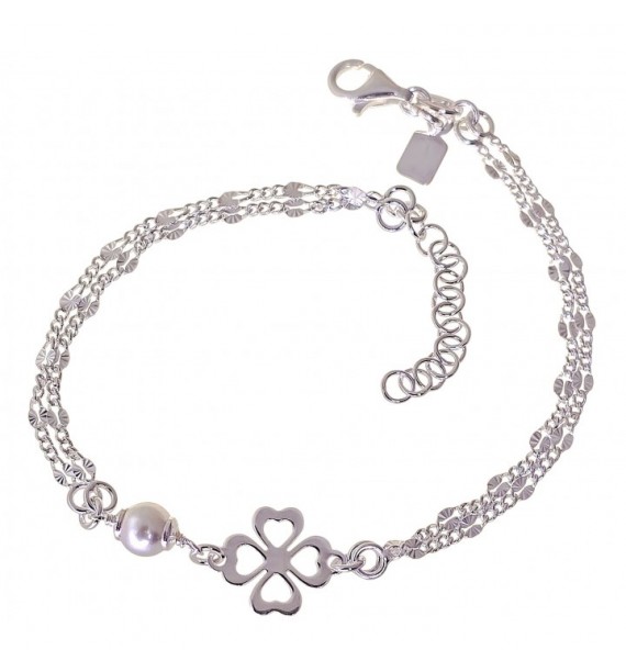 Pulsera doble cadena perla trébol