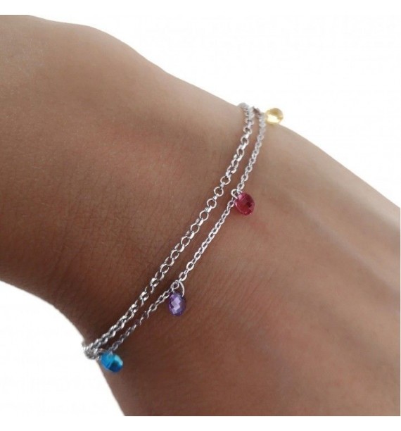 Pulsera doble cadena rodiada piedra color
